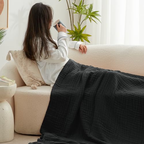 Love's cabin 100% Cotton Muslin Blanket, 6 Layer Lightweight Breathable Gauze King Size Blanket 108 x 90 Inches, Soft Summer Blanket for Bed, Black - color: Black, size: King(108"x90")