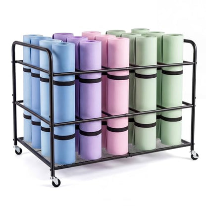 Large Yoga Mat Storage Cart Basket 39.4'' x 27.6'' x 27.6'' Home Gym Storage Rack with Wheels Metal Yoga Mat Holder Basket Foam Rollers Organizer for Gym Studio Hold 20 Exercise Mats