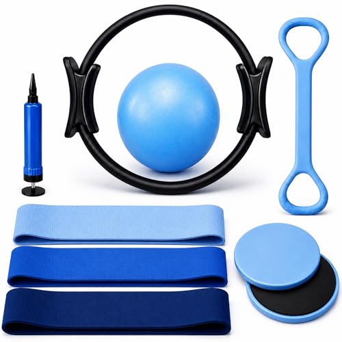 Pilates Equipment - Magic Circle Ring, Pilates Ball, Resistance Bands Set and Sliding Discs Accessories for Exercise, Gym, Yoga, Home and Travel Full Body Fitness Workout Kit Women and Men