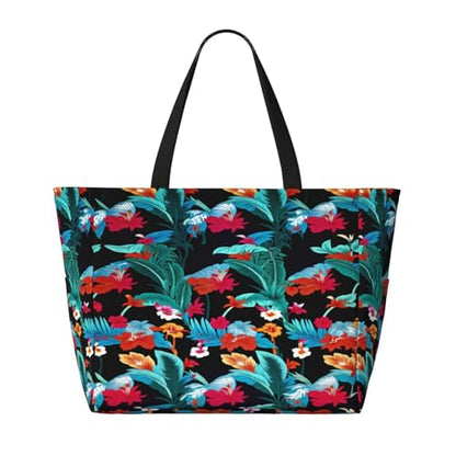 Large Beach Bag for Women Waterproof Foldable Travel Shoulder Tote Bag with Pocket for Weekender Pool Vacation - color: Tropical Black