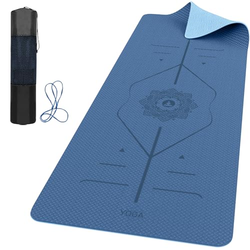 ROMIX Pro Yoga Mat With Alignment Lines, 6Mm Thick Non-Slip Exercise Mat | 72 x 24 In TPE Large Pilates Mat For Home Workout, Stretching, Training, Meditation, Carry Bag Included For Women And Men - color: Blue