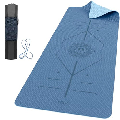 ROMIX Pro Yoga Mat With Alignment Lines, 6Mm Thick Non-Slip Exercise Mat | 72 x 24 In TPE Large Pilates Mat For Home Workout, Stretching, Training, Meditation, Carry Bag Included For Women And Men - color: Blue