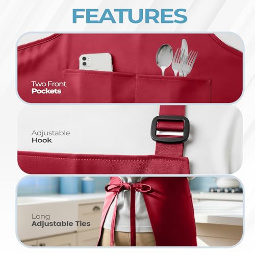 Utopia Kitchen 4 Pack Bib Apron Adjustable with 2 Pockets, Water and Oil Resistant, Cooking Kitchen Chef Apron for Women Men - color: Red
