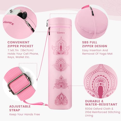 Gonex Yoga Mat Bag, Full-Zip Mat Carrier | 600D Oxford Fabric, Wet Pocket, Front Zip Pocket, Adjustable Strap, Fits Mats up to 26" - color: Pink