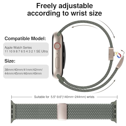 Braided Stretchy Magnetic Band Compatible with Apple Watch Bands Women Men - color: Green Gray, size: 38mm/40mm/41mm/(42mm-series 11 10)