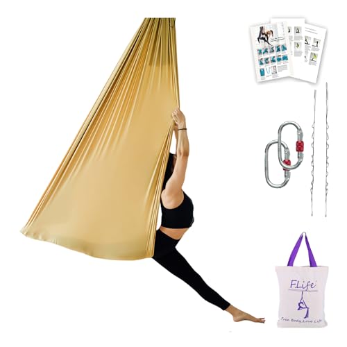 F.Life Aerial Silk Yoga Hammock & Swing for yoga Inversion,Strength training,starter hardware kit - color: Gold
