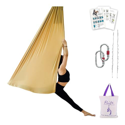 F.Life Aerial Silk Yoga Hammock & Swing for yoga Inversion,Strength training,starter hardware kit - color: Gold