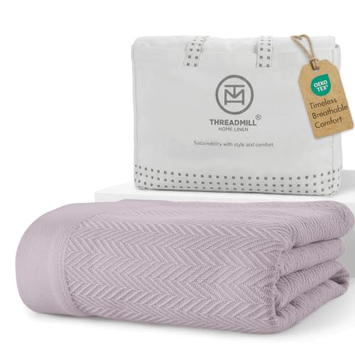 Threadmill Luxury 100% Cotton King Herringbone Blanket, Lilac | All-Season Thermal Blanket, Soft & Breathable, Cozy Moisture-Wicking, OEKO-TEX Certified, Machine Washable, 106x92 in - color: Lilac, size: King (106" x 92")