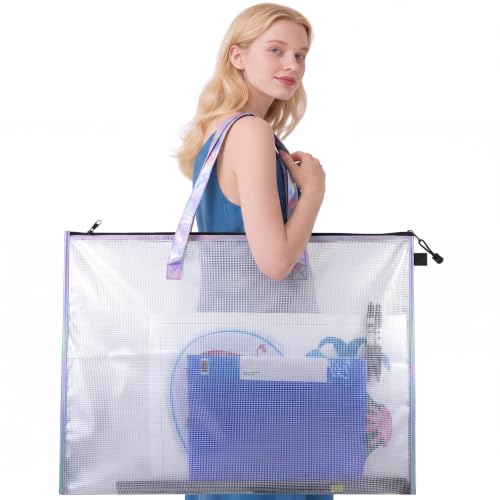 Outus 1 Pcs 19 x 25 Inches Art Portfolio Case Posters Transparent Storage Bag Portfolio Folder with Laser Handle and Zipper Folder Organizer for Painting Bulletin Boards End of the Year Gifts - color: Laser, size: 19 x 25 Inch