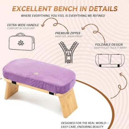 Bamboo Meditation Bench, Foldable Prayer Stool (Purple-Bag) | Meditation Kneeling Bench, Seiza Prayer Bench, Prayer Bench with Meditation Cushion, Kneeling Prayer Stool for Home - color: Purple-bag