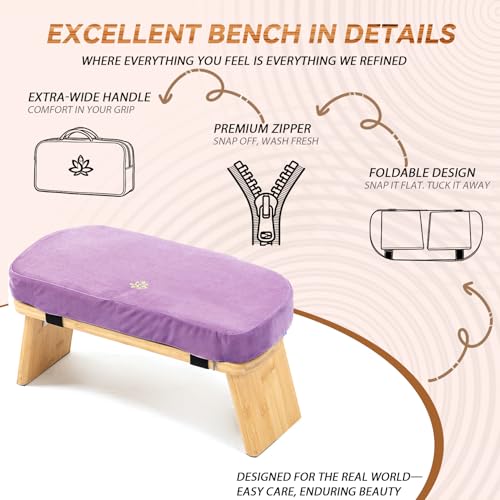 Bamboo Meditation Bench, Foldable Prayer Stool (Purple-Bag) - color: Purple-bag