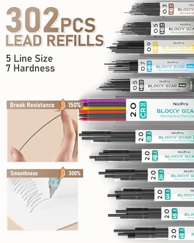 Nicpro 36PCS Mechanical Pencil Set, Art Drawing Pencils 0.3-2mm in Case | Mechanical Pencils Bulk, 0.3 0.5 0.7 0.9 2mm Drafting Pencils, Metal Barrel, 326PCS Lead Refills, for Sketching, Writing - style: 5 PACK