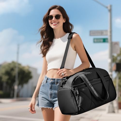 Women's Duffle Gym Bag, Carry-On Shoe Compartment for Weekender Overnight - color: Black, size: Large