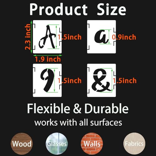 BAMIDELE 1.5 Inch Letter Stencils and Numbers, 66 Pcs Reusable Plastic Alphabet Symbol Interlocking Drawing Template Kit for Painting on Wood, Wall, Chalkboard, Fabric, Door Porch, Signage - size: 1.5 Inch