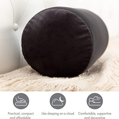 Microbead Bolster Neck Roll Pillow, 14x8 in Cylinder Tube, Black | Silky smooth face helps prevent sleep creases and hair breakage, light squishy support for head and shoulders, travel ready - color: Black