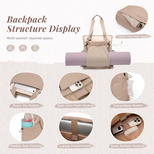 GOLF SUPAGS 3-in-1 Laptop Tote Backpack for Women 15.6" Quilted Work Gym Bag with Hidden Yoga Mat Carrier for Travel Leisure (Gravel Brown & Beige) - color: Gravel Brown & Beige