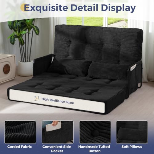 MAXYOYO Adjustable Folding Sofa Bed Couch with 2 Pillows, Black - color: Black