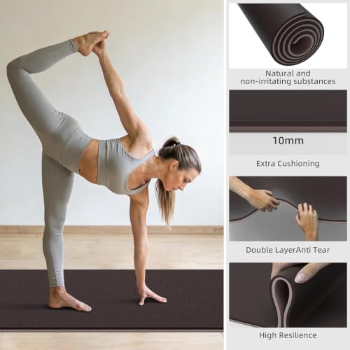 10mm0.4"TPE Yoga Mat Thick Wide Large for Home Workout Carrying Strap - color: brown