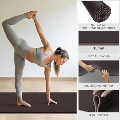 10mm0.4"TPE Yoga Mat Thick Wide Large for Home Workout Carrying Strap - color: brown