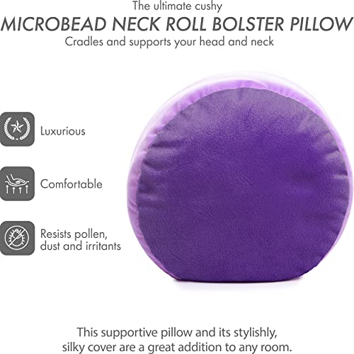 Microbead Bolster Neck Roll Pillow, 14x8 in Cylinder Tube, Pale Purple | Silky feel fabric helps prevent wrinkles & hair breakage; feather-light beads gently cushion head & shoulders as you rest - color: Pale Purple