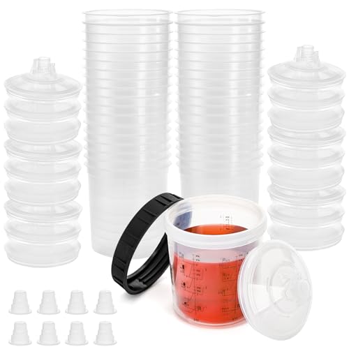 Yesland Disposable Paint Sprayer Mixing Gun Cup Liners and Lid System for Automotive Paint Gun, 20 Pack Paint Cups 20 Ounce (600ml) Kit, 20 Lids with Strainer, 8 Plugs, 1 Hard Cup with Retainer Ring