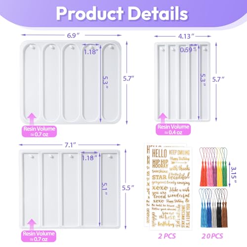 Bookmarks Resin Silicone Molds Kit with 2 Stickers, 20 Pcs Bookmark Tassels | Set of 3 Epoxy Resin Bookmark Molds Casting Molds for DIY book mark Craft Making
