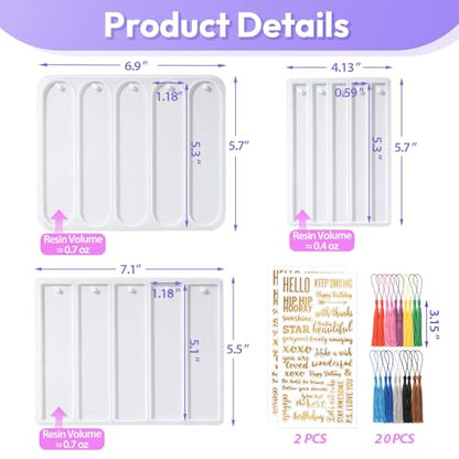 Bookmarks Resin Silicone Molds Kit with 2 Stickers, 20 Pcs Bookmark Tassels | Set of 3 Epoxy Resin Bookmark Molds Casting Molds for DIY book mark Craft Making