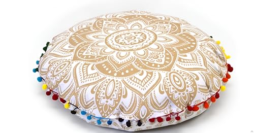 CRAFT KALA 22" Floor Pillows Cover for Sitting, Large Meditation Cushions Cover for Adults, Bohemian Mandala Round Pouf Seating Ottoman Cover for Outdoor Yoga and Living Room (White Gold Flower) - color: White Gold Flower