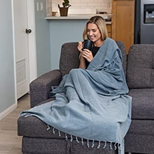 InfuseZen Stonewashed Turkish Organic Cotton Couch Throw Blanket - Denim - color: Large Denim (80" X 48")