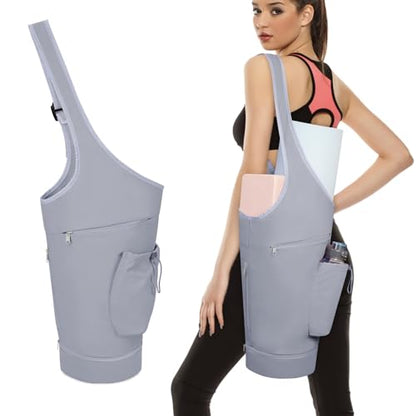 sportsnew Yoga Mat Bag, Large Opening Long Tote Yoga Mat Carrier Holder Bag with Waterproof Wet Pocket and Drawstring Water Bottle Pocket, Adjustable Shoulder Strap Storage Bag, patent pending - color: Grey