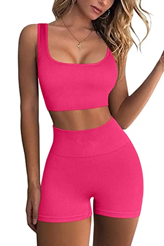 QINSEN Workout Sets for Women 2 Piece Seamless Ribbed Crop Tank High Waist Shorts Yoga Outfits - color: Rosy, size: Small