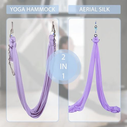 Aerial Silks Yoga Swing Set, Fitness Aerial Yoga Kit | Anti-Gravity Flight Aerial Yoga Hammock Kit; Low/Non Stretch Nylon Tricot Fabric; For Fitness & Dance; Hardware Included - color: 9Yards-Lilac
