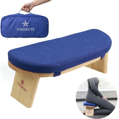 Yogikuti Folding Meditation Bench, Purple | Removable Cushion, Wooden Seiza Kneeling Stool, Ergonomic Meditation Seat, for Home & Yoga Studio, Comfortable Posture (Blue) - color: Blue