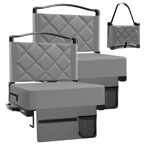 Stadium Seats with Back Support and Cushion Thick Padded Bleacher Chairs with Shoulder Strap, Portable Folding Stadium Seat Chairs for Bleachers Include Cup Holder and Side Pocket (Gray, 2pcs) - color: With Pocket-grey, size: 2pcs