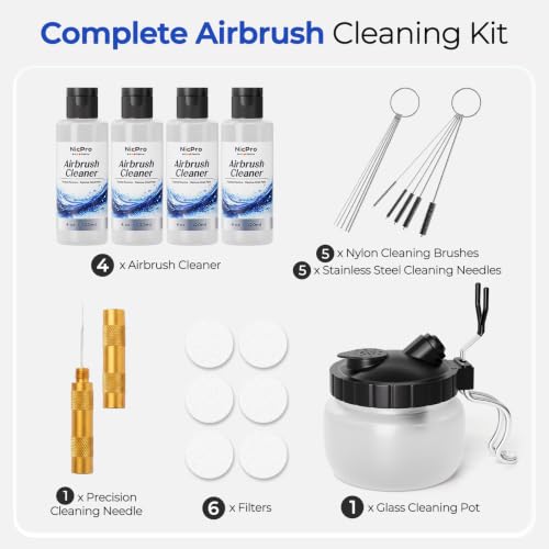 Nicpro Airbrush Cleaning Kit, 4 x 4 fl oz / 120 ml Airbrush Cleaner | with Glass Cleaning Pot, Easily Cleans Water-Based & Acrylic Paints for Airbrushes and Artistic Tools - size: 4 Fl Oz (Pack of 4)