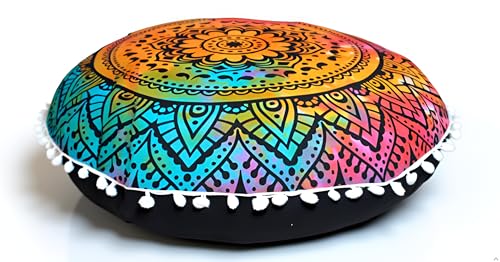 CRAFT KALA Round Mandala Boho Pillow Cover Meditation India Room Seating Poufs Cover for Living Room Yoga Room Home Décor Bedroom Balcony Garden Decoration Cotton Floor Cushion Cover 22", Multi Flower - color: Multi Flower, size: 22"