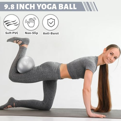 RoundFunny Pilates Ring Circle Set 18 Pcs Exercise Equipment Accessories for Women Workouts Pilates Ball Stretching Strap Magic Circle Yoga Ring Gym Back Bag Resistance Band Anti Slip Socks - color: Grey