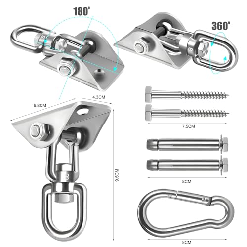 2-Pack Hammock Hanging Kit, 360-Degree Swivel Heavy-Duty Swing Hooks, Supports 1200 lbs, Stainless Steel Swing Hardware for Hammocks, Playgrounds, Yoga, Chairs & Heavy Bag. Installs on Concrete/Wood.