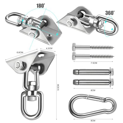 2-Pack Hammock Hanging Kit, 360-Degree Swivel Heavy-Duty Swing Hooks, Supports 1200 lbs, Stainless Steel Swing Hardware for Hammocks, Playgrounds, Yoga, Chairs & Heavy Bag. Installs on Concrete/Wood.