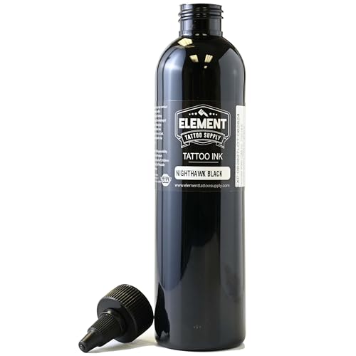 Element Tattoo Supply Black Tattoo Ink 8oz Bottle | Professional Black Ink | USA made formula, smooth reliable flow, deep bold saturation, ideal for lining and shading, trusted by professional artists - size: 8oz