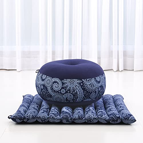 Leewadee Meditation Cushion Set – 1 Small Zafu Yoga Pillow and 1 Small Roll-Up Zabuton Mat Filled with Kapok - color: Cbt1 - Blue