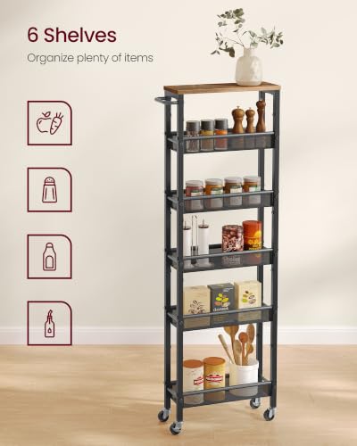 VASAGLE 6-Tier Utility Rolling Laundry Cart, 17.9 x 5.9 x 51.7 inch - color: Rustic Brown + Matte Black, size: 6 Tiers (5.9"D x 51.7"H)