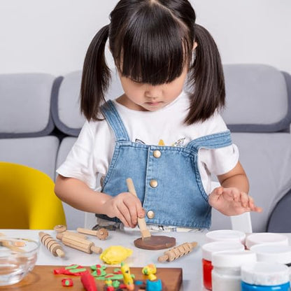 NUOBESTY Wooden Clay Tools Kids Wood Stamps Hand Rollers Plasticine Tools Pottery Molding Clay Accessories for Art DIY Crafts Activities 12pcs