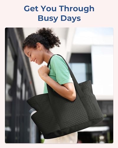 BAGSMART Crush Tote Bag for Women, 20L Puffer Work Tote with Zipper, Travel Essentials Quilted Nurse Hospital Bag - color: Black