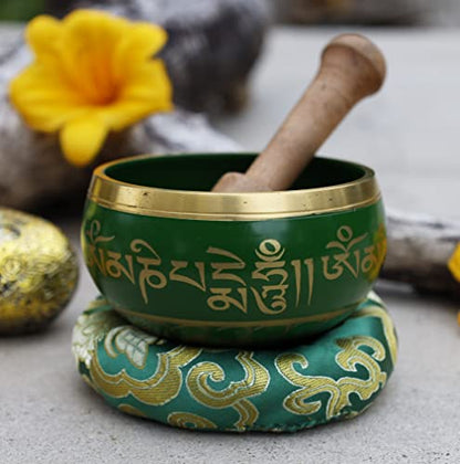 DharmaObjects Tibetan Meditation Om Mani Singing Bowl/Cushion/Mallet (Green) - color: Green, size: Small