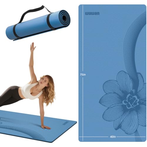 Large Exercise Mat | 10mm Thick TPE Non-slip Gym Mats, Carrying Strap - color: blue/black