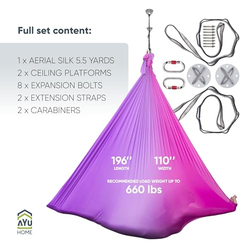 AyuHome Aerial Silks Yoga Swing Aerial Hammock Kit for Home | Premium aerial silks yoga swing kit with rigging hardware for aerial yoga, gymnastics, and home fitness - color: Aerial silk - Purple & Pink - New