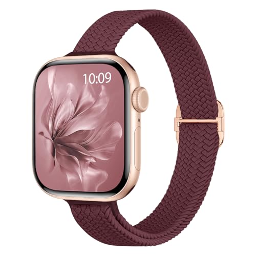 Slim Braided Stretchy Band Compatible with Apple Watch Bands Women | 40mm 41mm 42mm 38mm 44mm 45mm 46mm 49mm Thin Elastic Nylon Solo Loop Strap ,Wristband for iWatch Series 11 10 9 8 7 6 5 4 SE - color: Dark Wine, size: 44/45/46/49mm