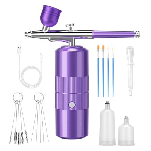 Airbrush Kit with Compressor Portable Airbrush Kit 48PSI High-Pressure Non-Clogging Air Brush Set Cordless Rechargeable with 0.3mm Nozzle and Cleaning Brush for Painting,Nail Art, Makeup (Purple) - color: Purple