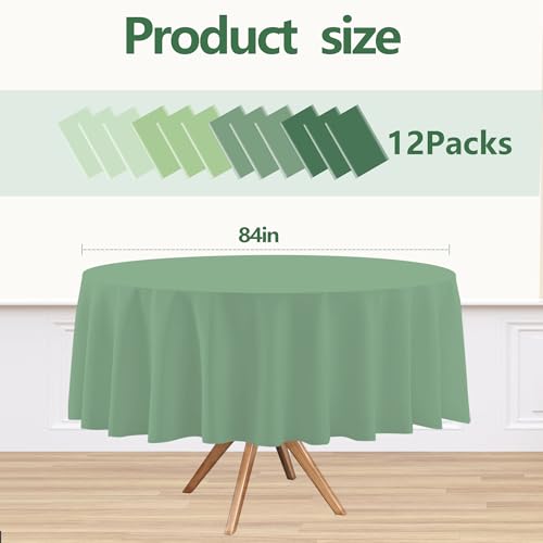 12 Pack Sage Green Round Plastic Tablecloth Disposable | 4 Green Colors, Waterproof Table Cover, for Dining Wedding Birthday Baby Shower Party Decorations, 84 Inch - color: Sage Green